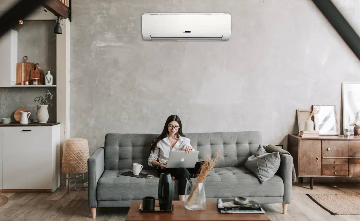 Blueridge ductless mini-split air handler positioned high on the wall of living space 