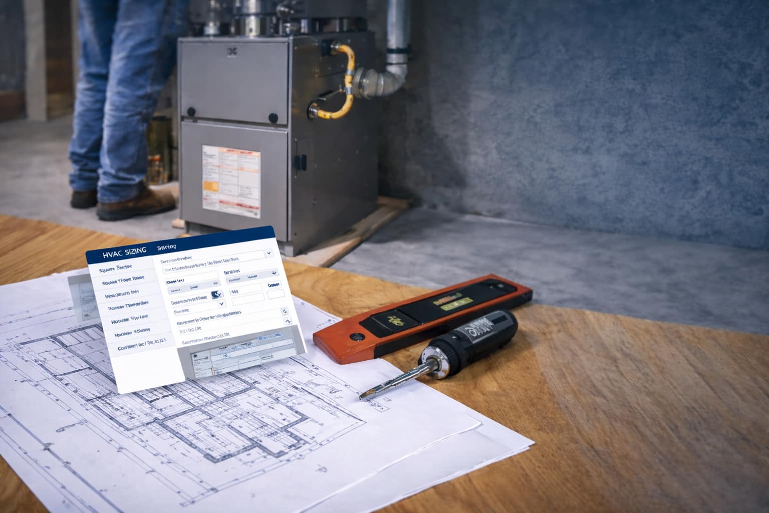 An image of a furnace with tools and diagrams helpful in calculating sizing.