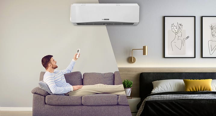 A collage depicting a bedroom setting, a man with an AC remote lying on a sofa, and a Blue Ridge mini-split mounted in between