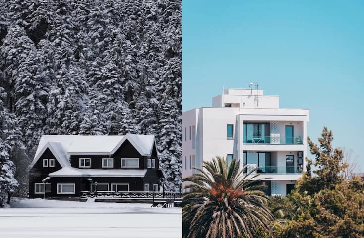 Small house surrounded by trees and snow on the left, big glass-covered house with palm trees on the right.